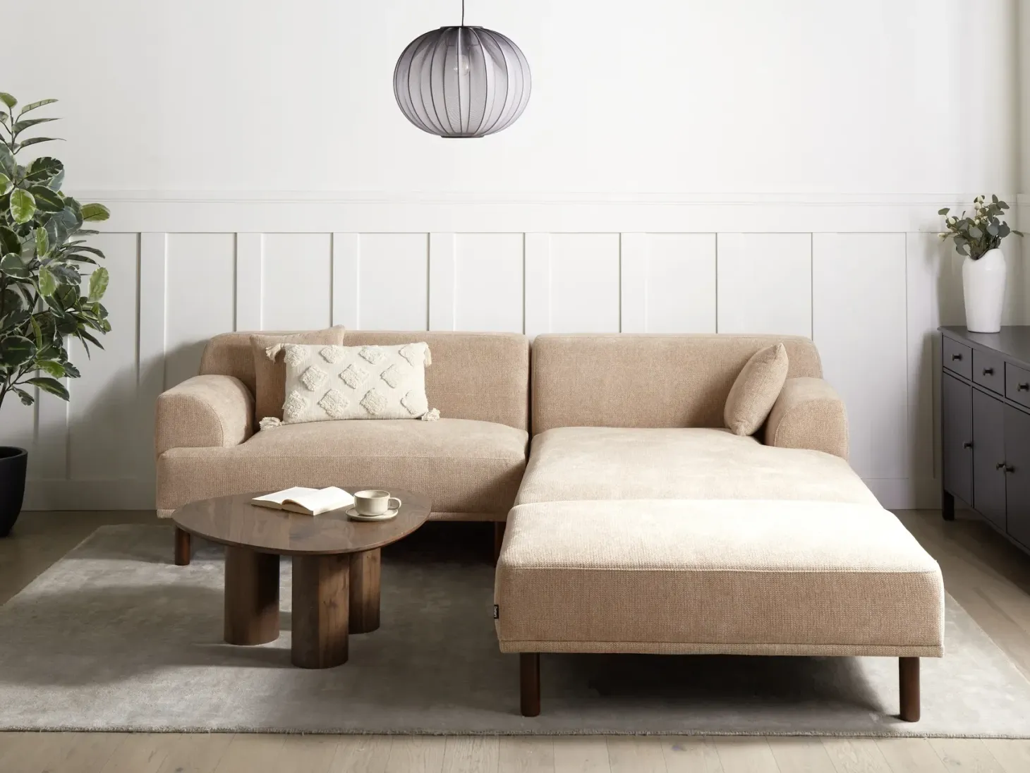 Hjørnesofa 3 personers HOLT Beige med fodskammel Venstrevendt