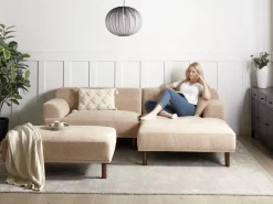 Hjørnesofa 3 personers HOLT Beige med fodskammel Venstrevendt