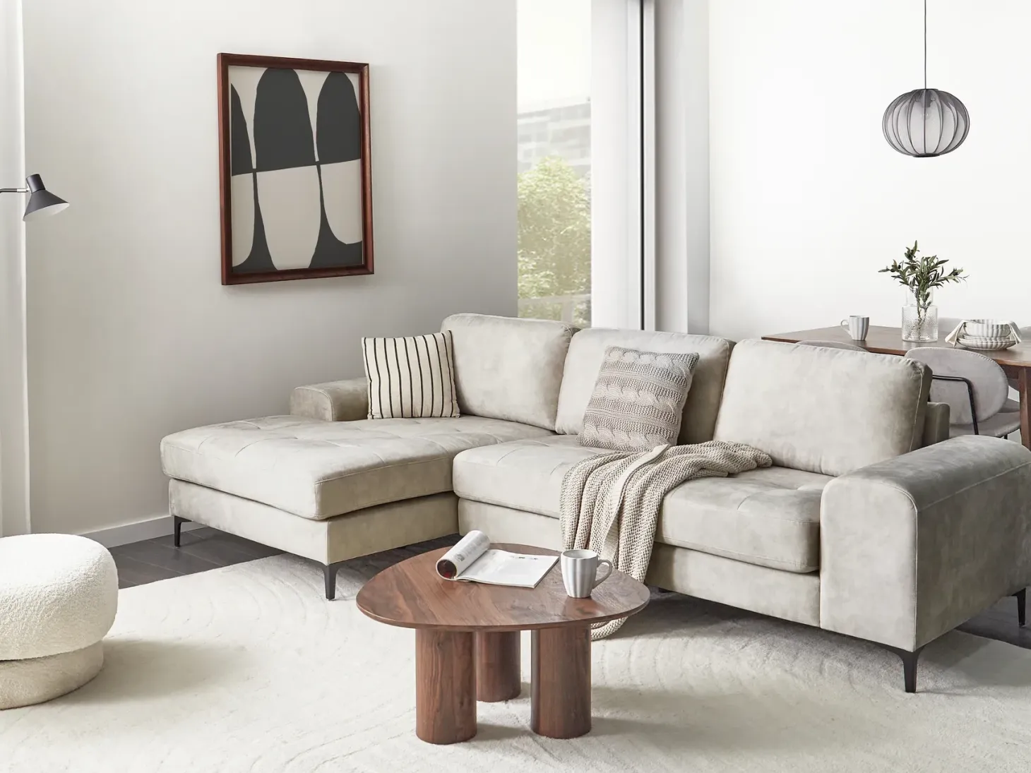 Hjørnesofa 4 personers KIRUNA Velour Lys Beige Højrevendt