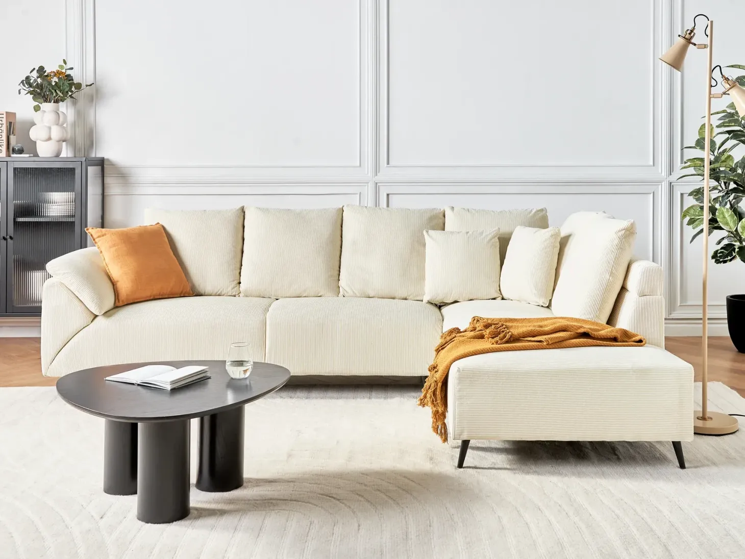Hjørnesofa 4 personers LUNNER Fløjl Lys Beige Venstrevendt