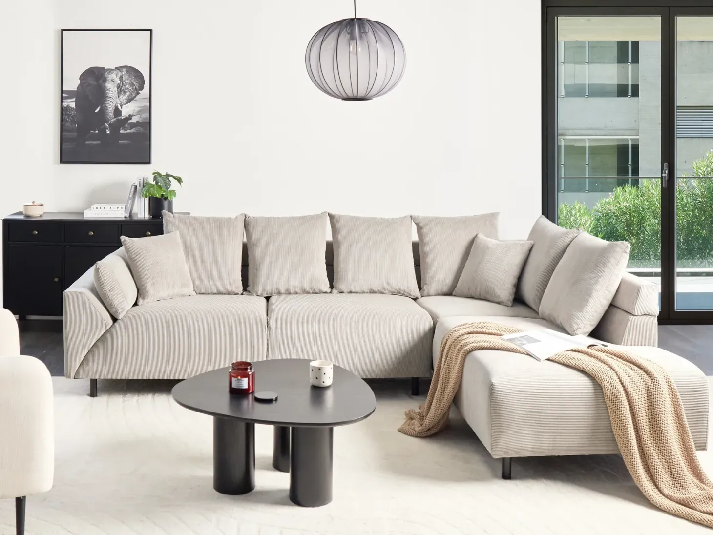 Hjørnesofa 4 personers LUNNER Fløjl Beige Venstrevendt