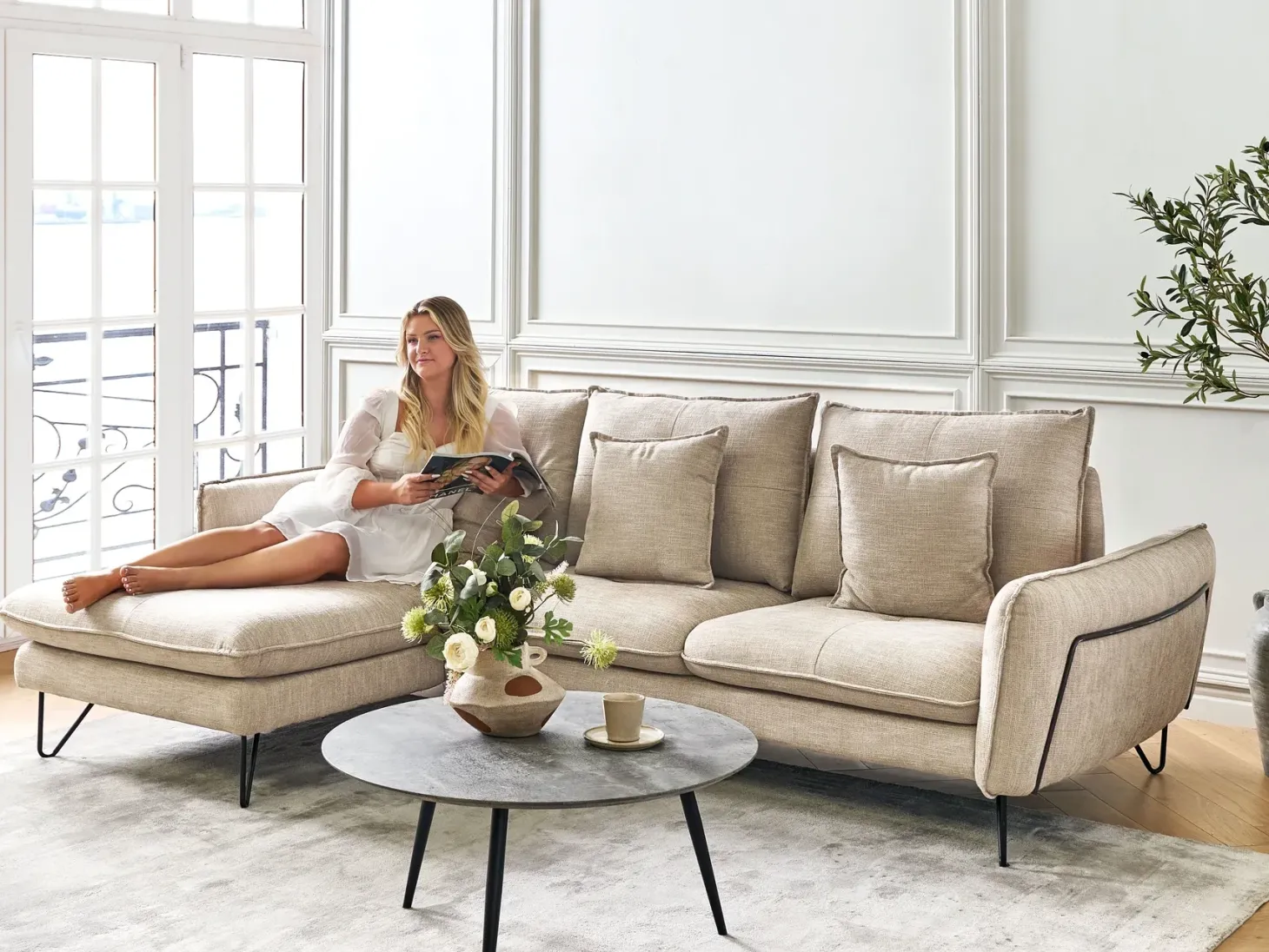 Hjørnesofa 3 personers SERSAN Chenille Beige Højrevendt