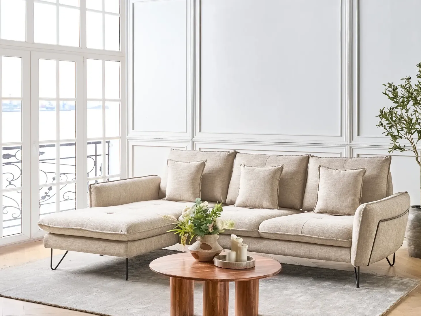 Hjørnesofa 3 personers SERSAN Chenille Beige Højrevendt