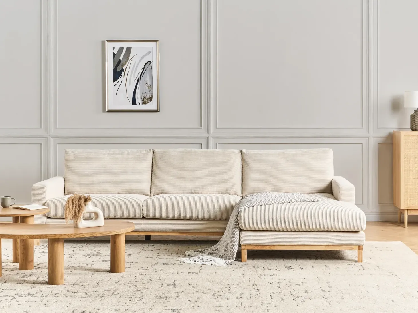 Hjørnesofa 4 personers SIGGARD Fløjl Lys Beige Venstrevendt