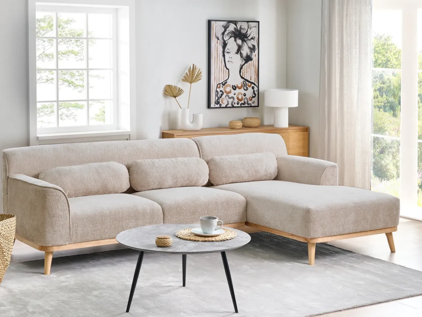 Hjørnesofa 3 personers SIMOS Chenille Beige Venstrevendt