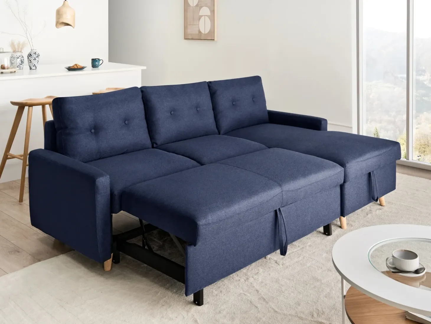 Hjørnesovesofa 4 personers FLAKK Navy Blå med opbevaring Venstrevendt