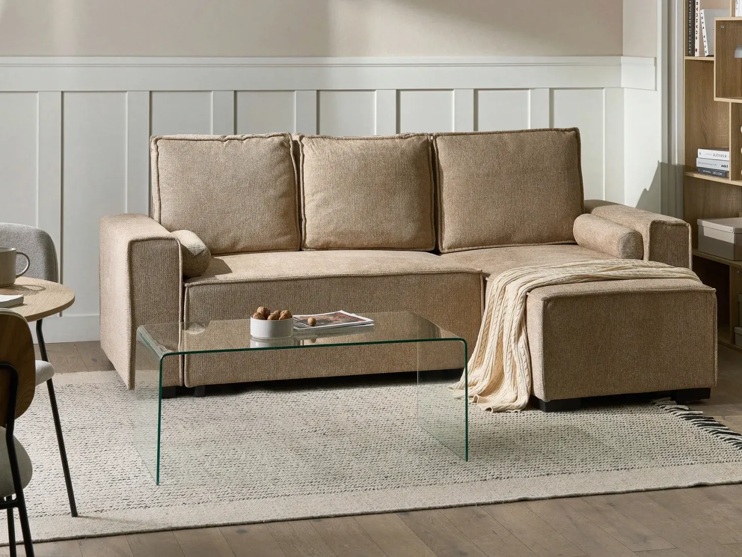 Hjørnesovesofa 3 personers EDANE Beige med opbevaring Venstrevendt