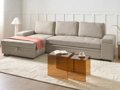 Hjørnesovesofa 3 personers HRISEY Kunstlinned Beige med opbevaring Højrevendt
