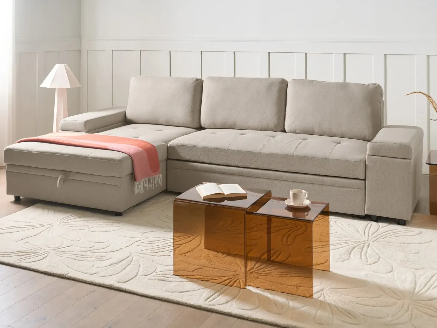Hjørnesovesofa 3 personers HRISEY Kunstlinned Beige med opbevaring Højrevendt