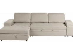 Hjørnesovesofa 3 personers HRISEY Kunstlinned Beige med opbevaring Højrevendt