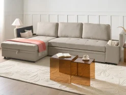 Hjørnesovesofa 3 personers HRISEY Kunstlinned Beige med opbevaring Højrevendt