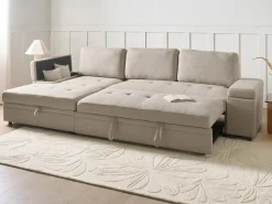 Hjørnesovesofa 3 personers HRISEY Kunstlinned Beige med opbevaring Højrevendt