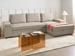 Hjørnesovesofa 3 personers HRISEY Kunstlinned Beige Venstrevendt