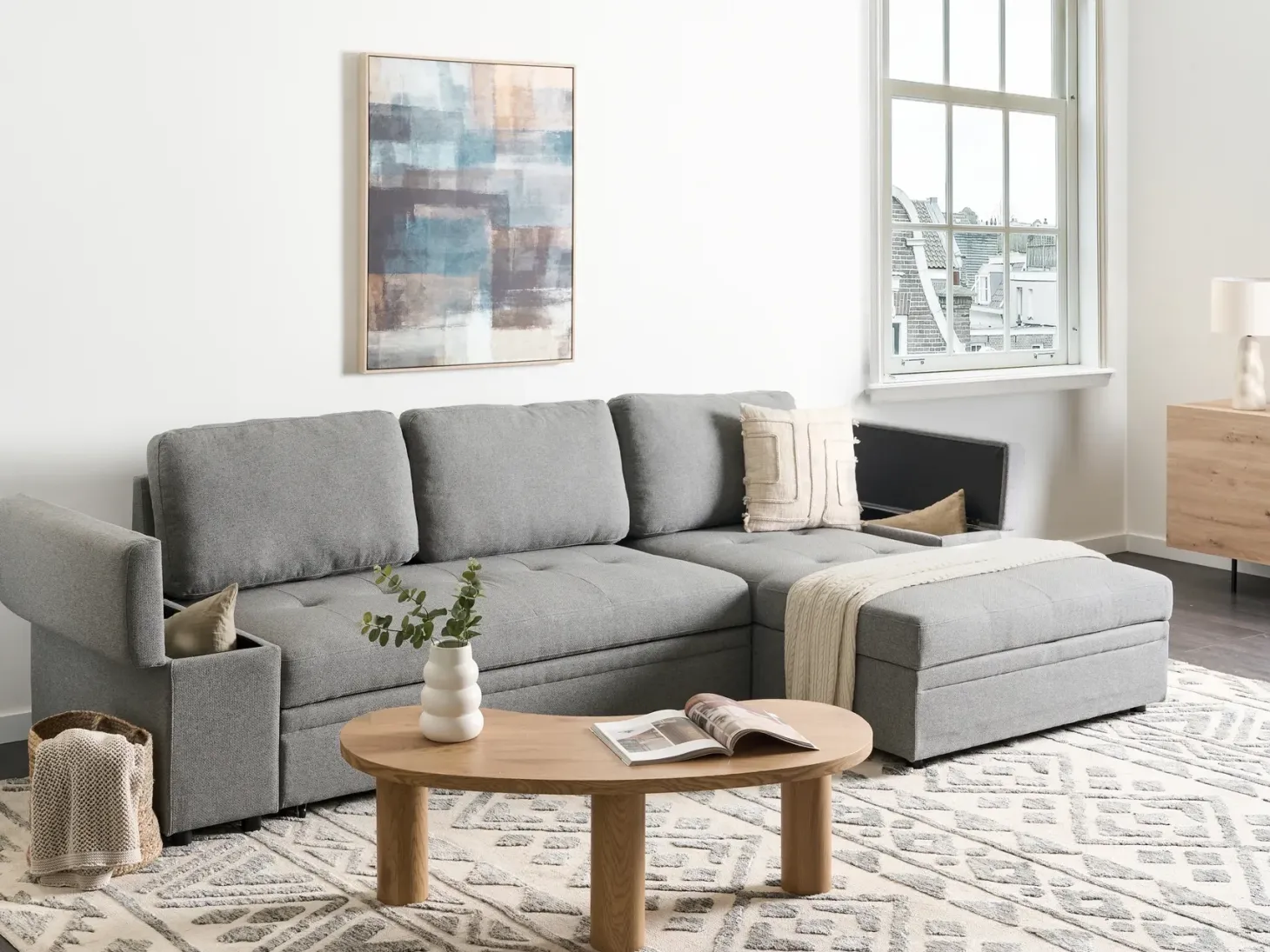 Hjørnesovesofa 3 personers HRISEY Kunstlinned Grå med opbevaring Venstrevendt