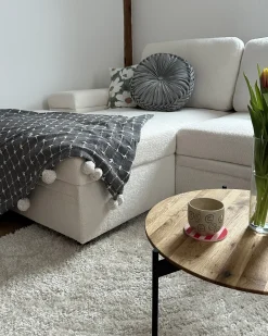 Hjørnesovesofa 3 personers HRISEY Boucle Hvid med opbevaring Højrevendt