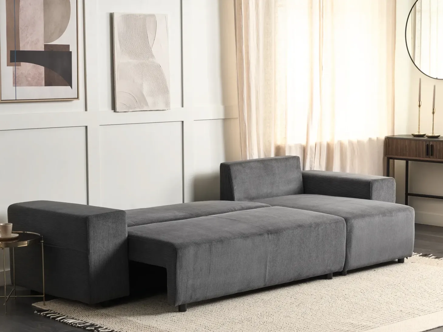 Hjørnesovesofa 3 personers LUSPA Fløjl Mørkegrå med opbevaring Venstrevendt