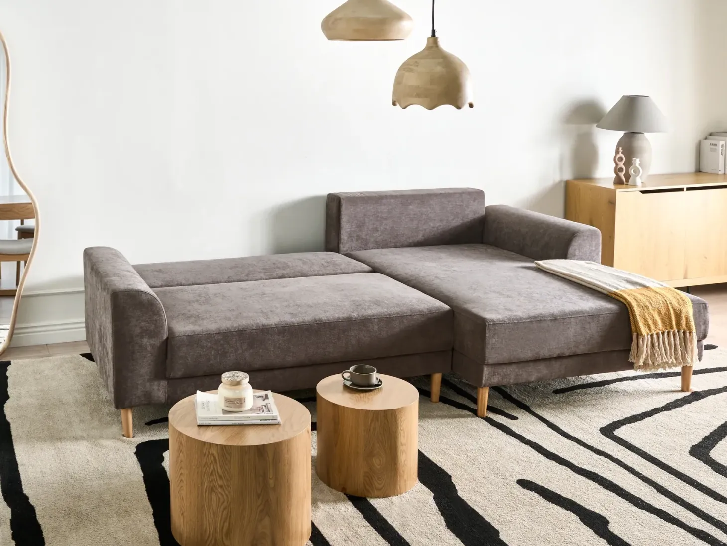 Hjørnesovesofa 3 personers NUBORG Chenille Brungrå med opbevaring Venstrevendt