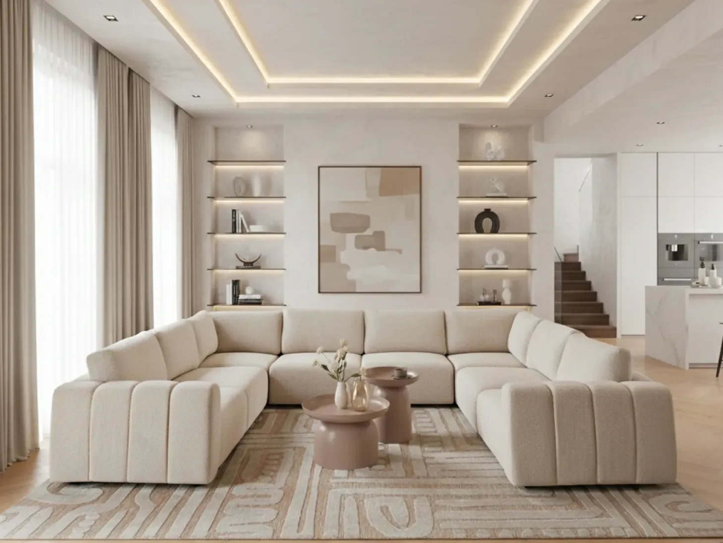 KIVVIK 8 personers U-formet modulsofa Cremehvid Boucle