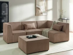 LEMVIG 4 personers Hjørnesofa modul Venstrevendt Sand Beige Fløjl med fodskammel