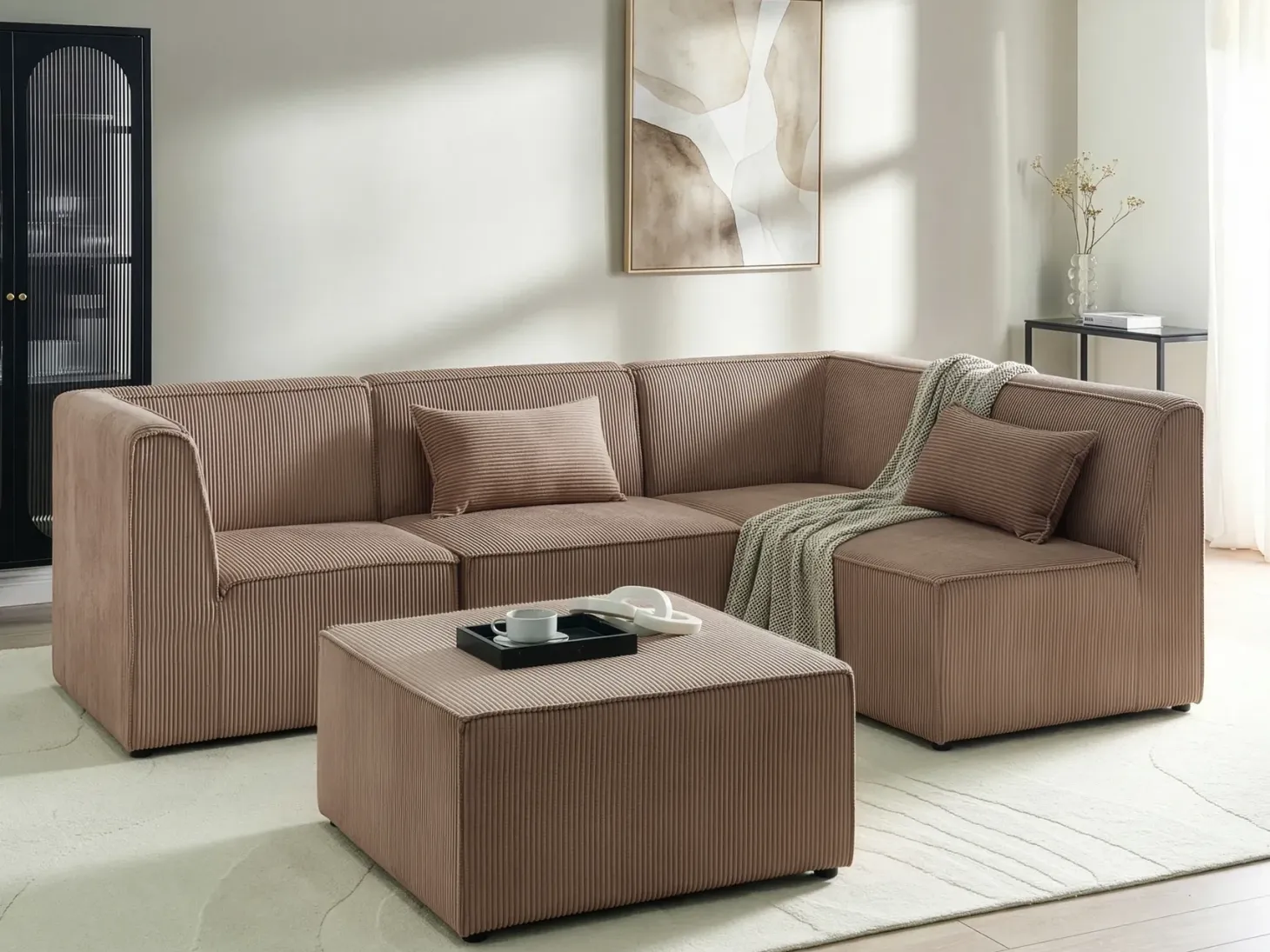 LEMVIG 4 personers Hjørnesofa modul Venstrevendt Sand Beige Fløjl med fodskammel