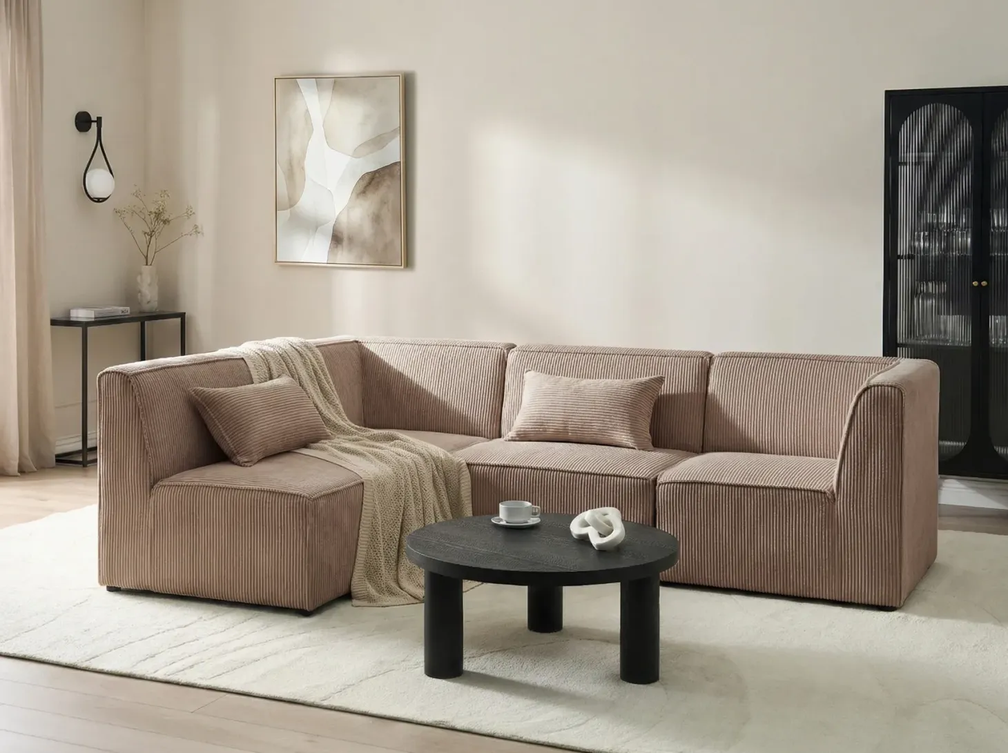 LEMVIG 4 personers Hjørnesofa modul Højrevendt Sand Beige Fløjl