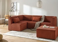 LEMVIG 4 personers Hjørnesofa modul Højrevendt Guldbrun Fløjl med fodskammel