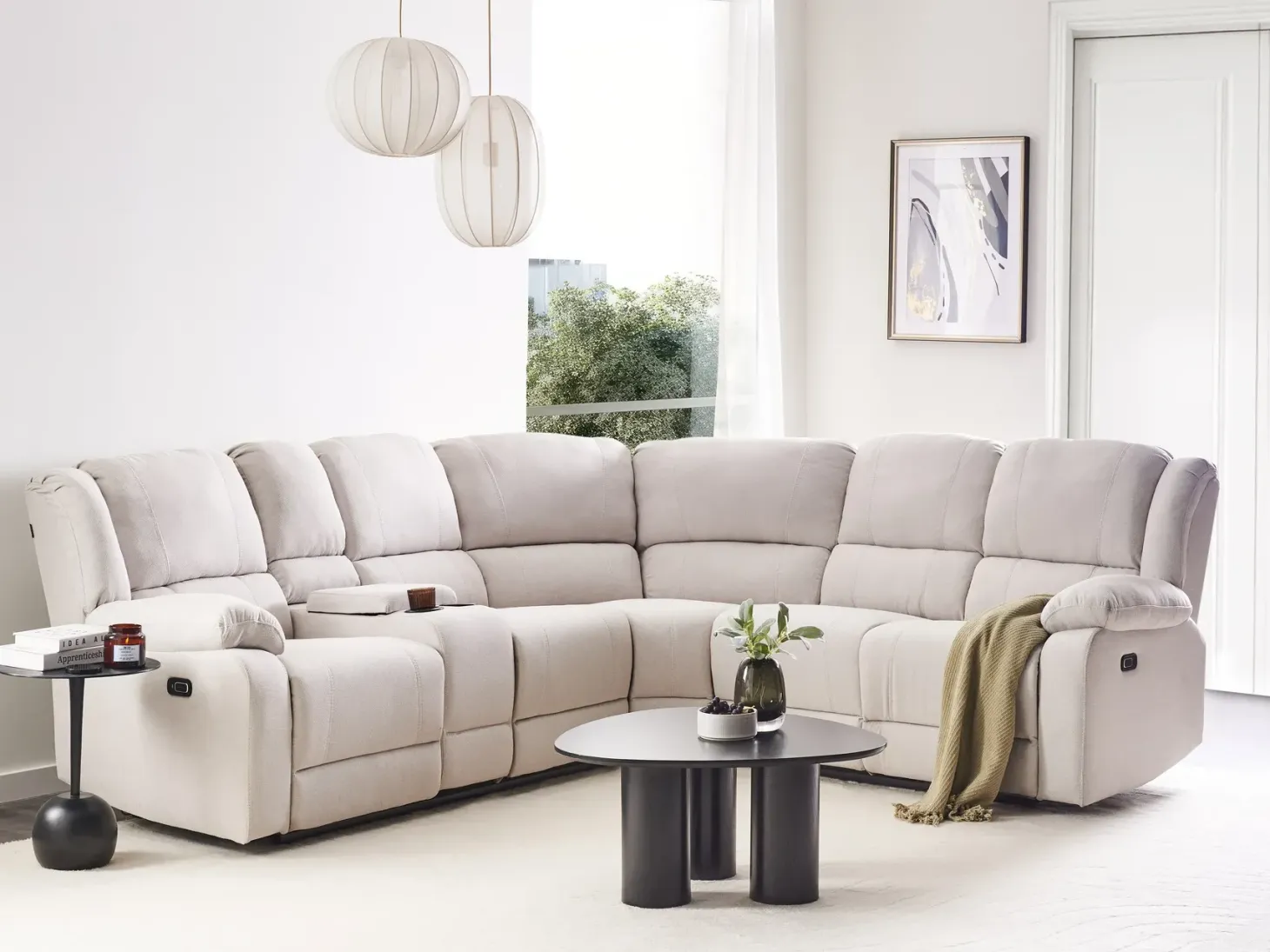 Manuel recliner hjørnesofa 5 personers ROKKE Lys Beige med USB-port Venstrevendt