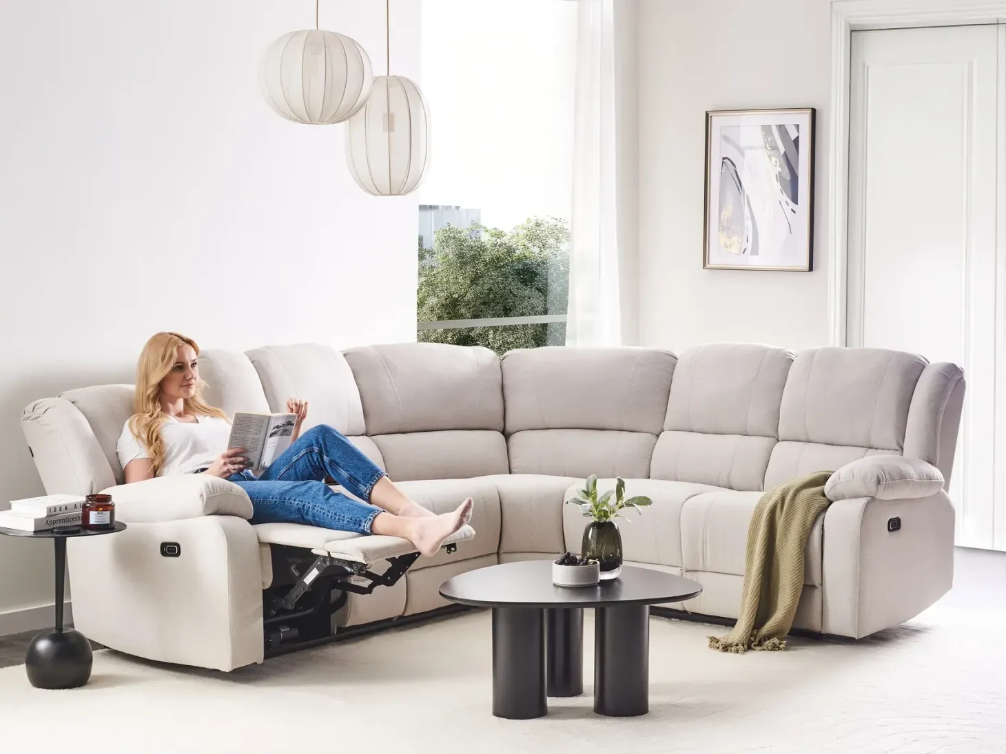 Manuel recliner hjørnesofa 5 personers ROKKE Lys Beige med USB-port Venstrevendt