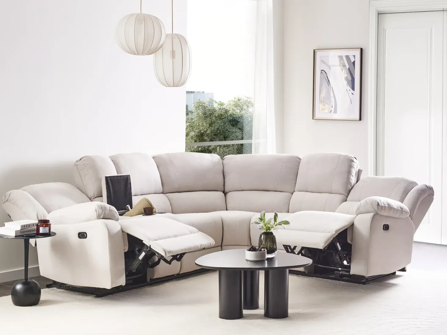 Manuel recliner hjørnesofa 5 personers ROKKE Lys Beige med USB-port Venstrevendt