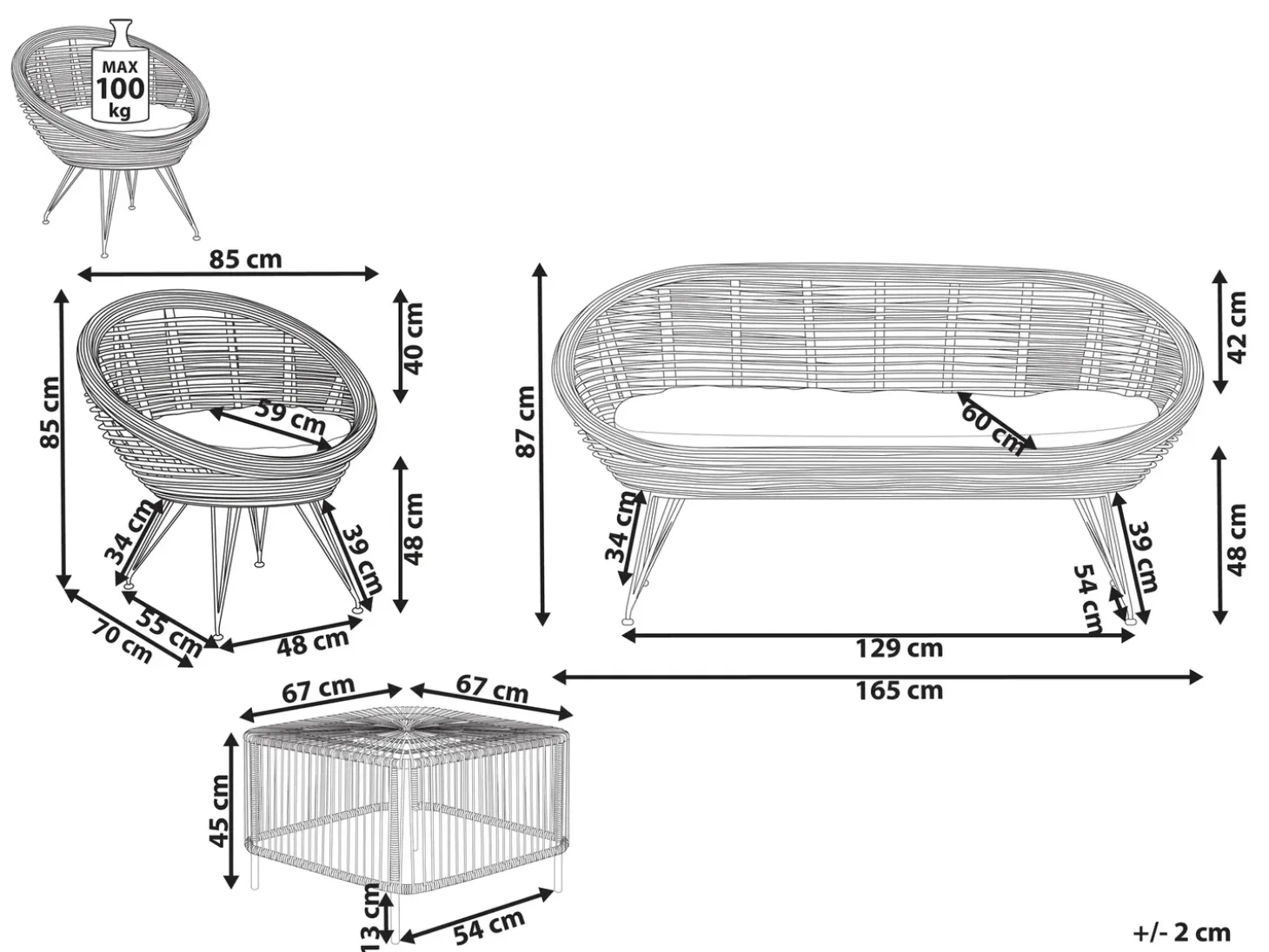 MARATEA/CESENATICO 3 personers Loungesæt med bord Naturlig Rattan