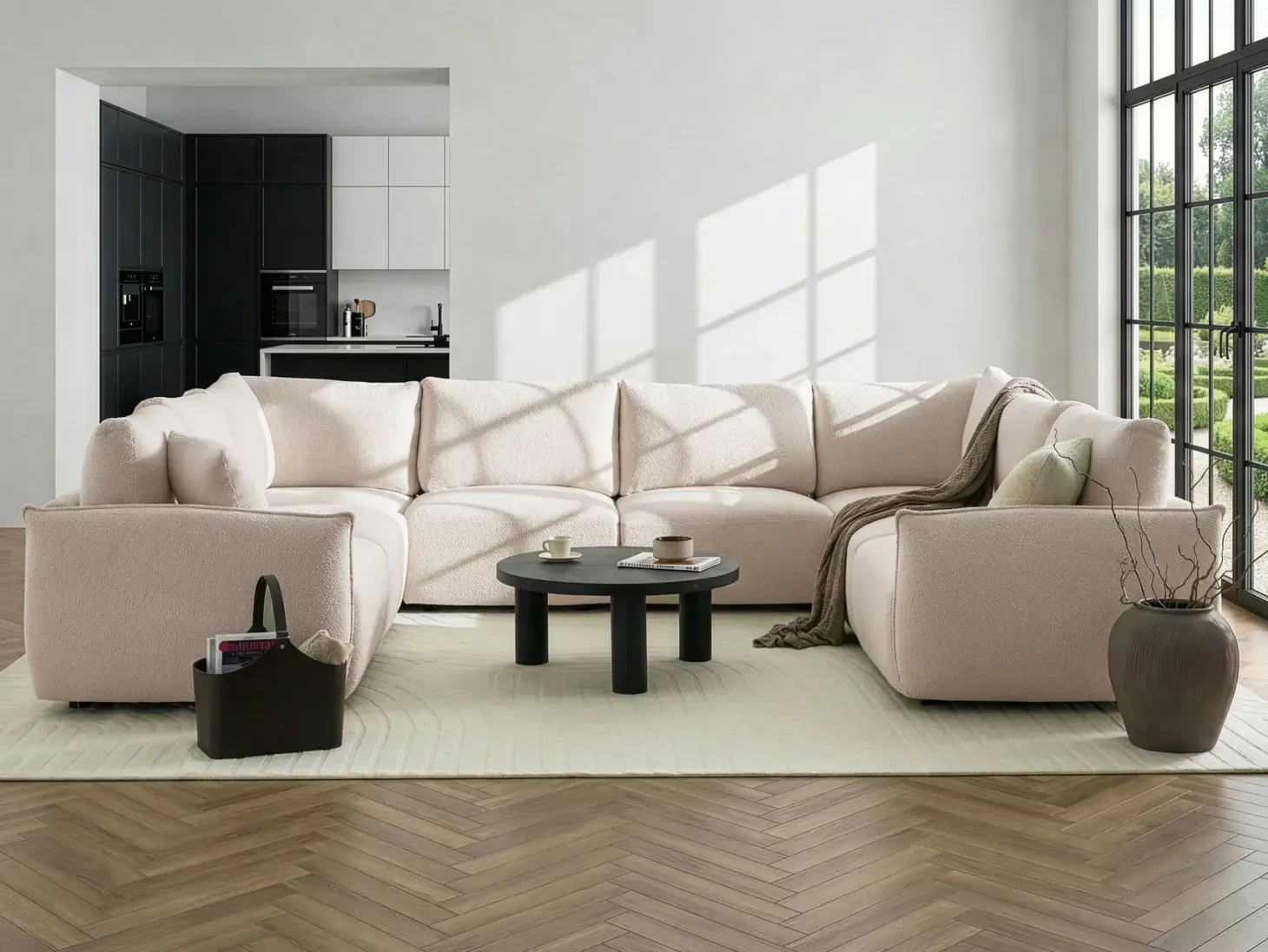 MESNALI 8 personers U-formet modulsofa Cremehvid Boucle