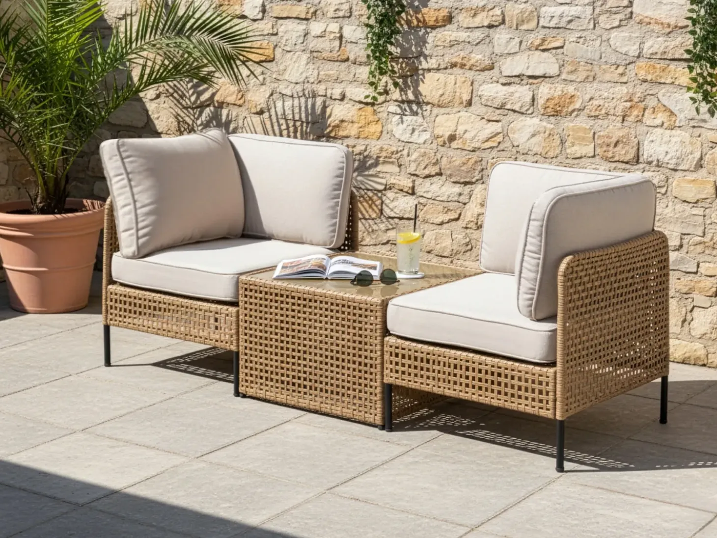 OMEGANA 2 personers Havesofa med bord Lys Beige PE-rattan