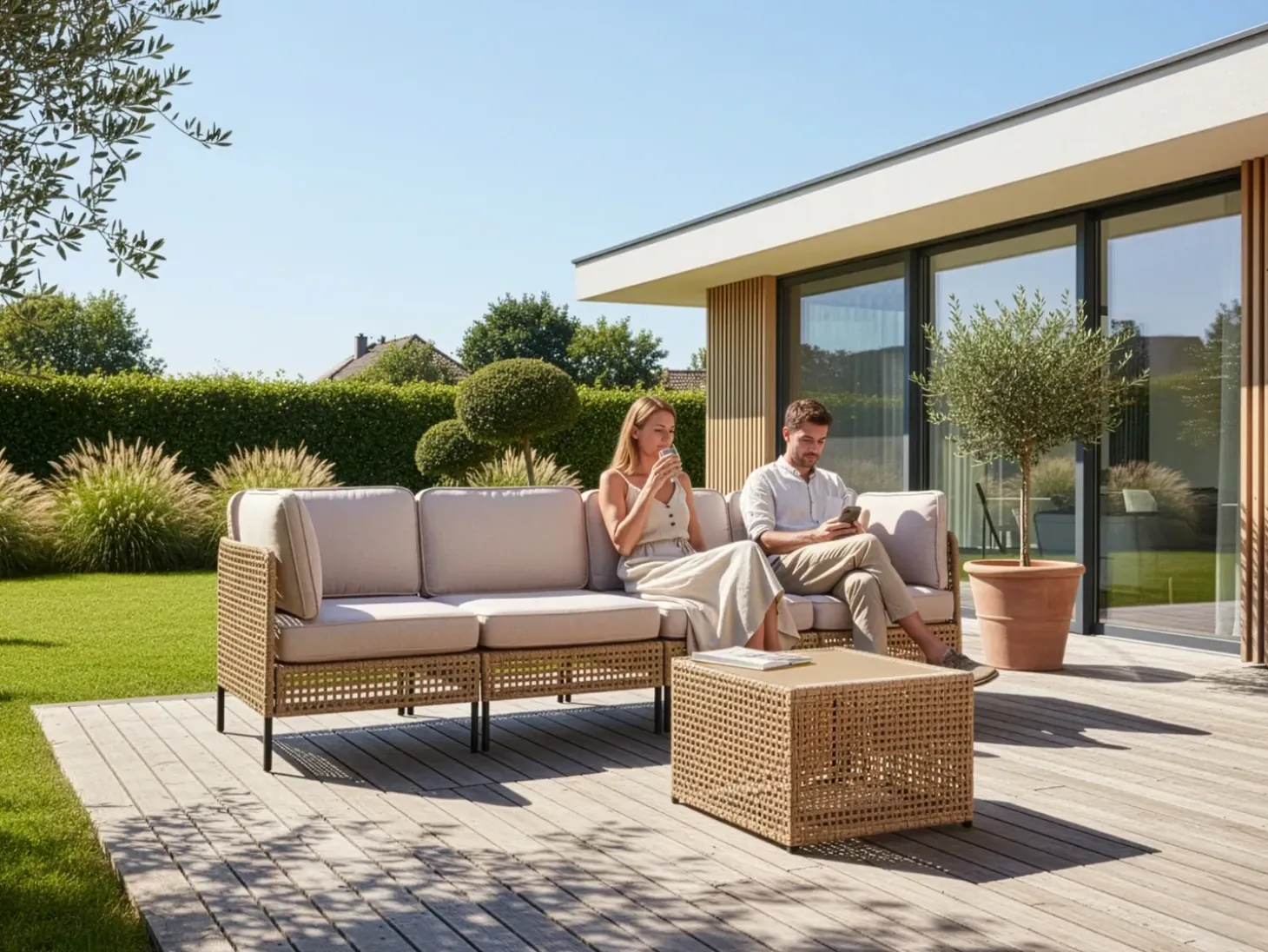 OMEGANA 4 personers Havesofa med bord Lys Beige PE-rattan