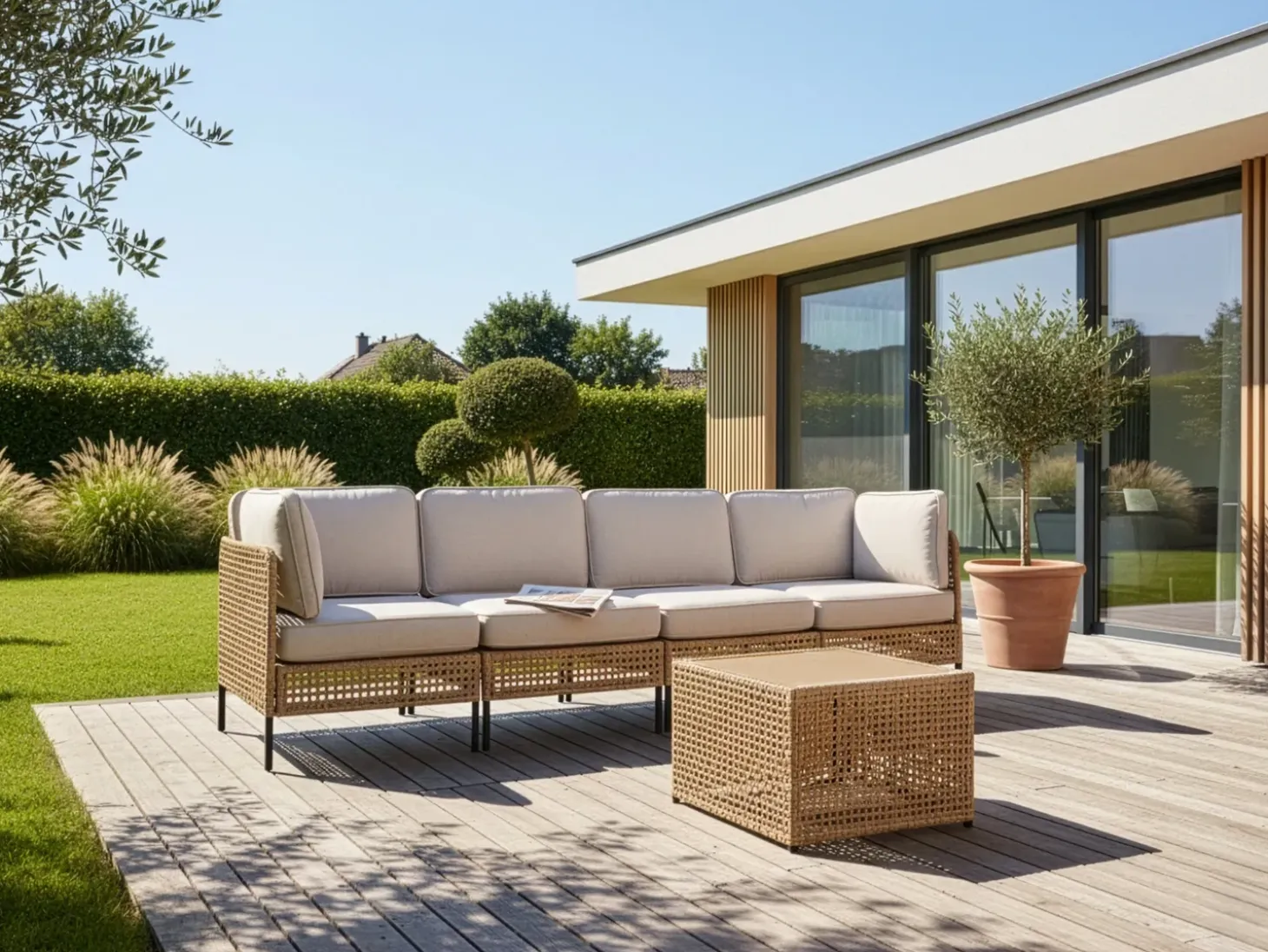 OMEGANA 4 personers Havesofa med bord Lys Beige PE-rattan