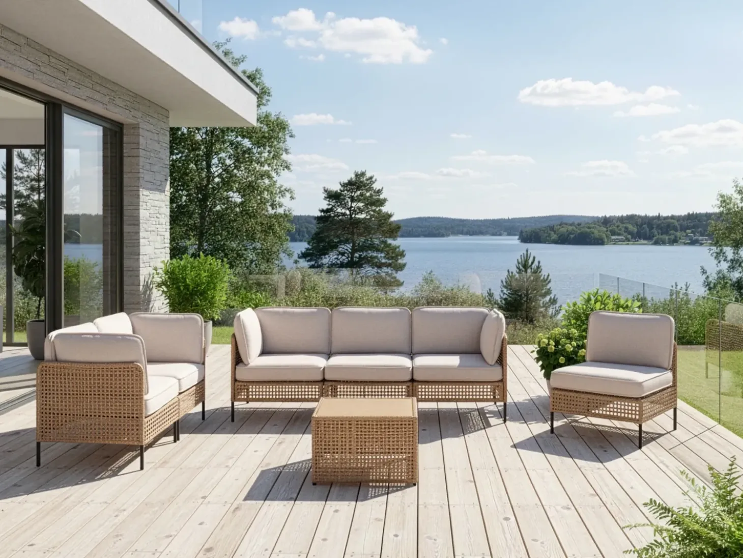 OMEGANA 6 personers Loungesæt med bord Lys Beige PE-rattan