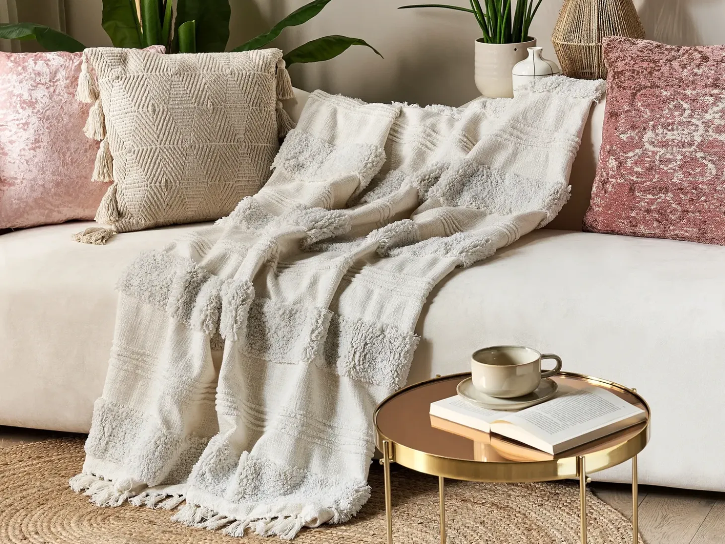 Plaid RAEBARELI Bomuld 130 x 180 cm Lys Beige