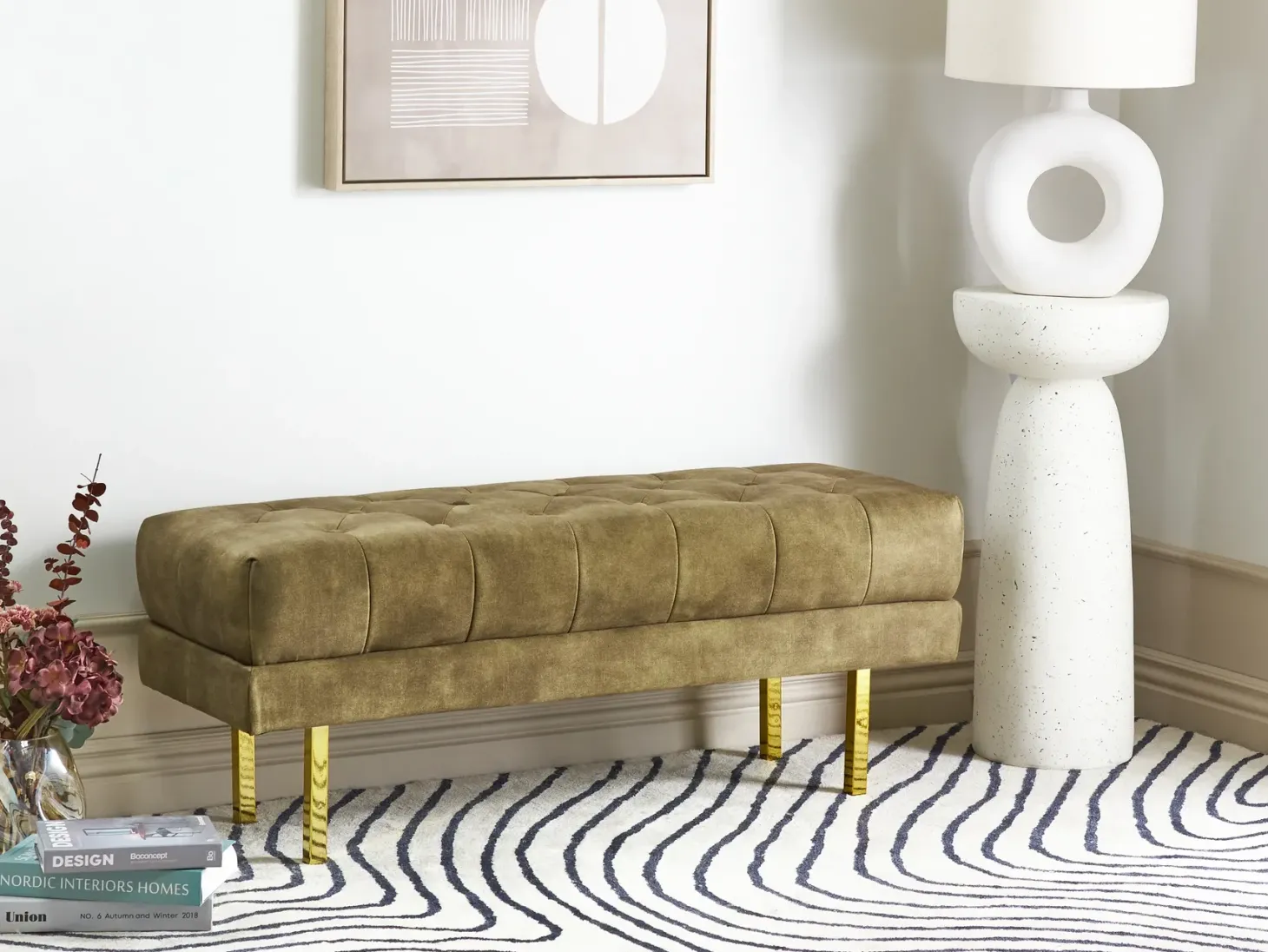 Polstret bænk ROSEVILLE Velour Olivengrøn