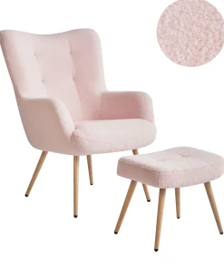 Øreklapstol VEJLE med fodskammel Boucle Pastellrosa