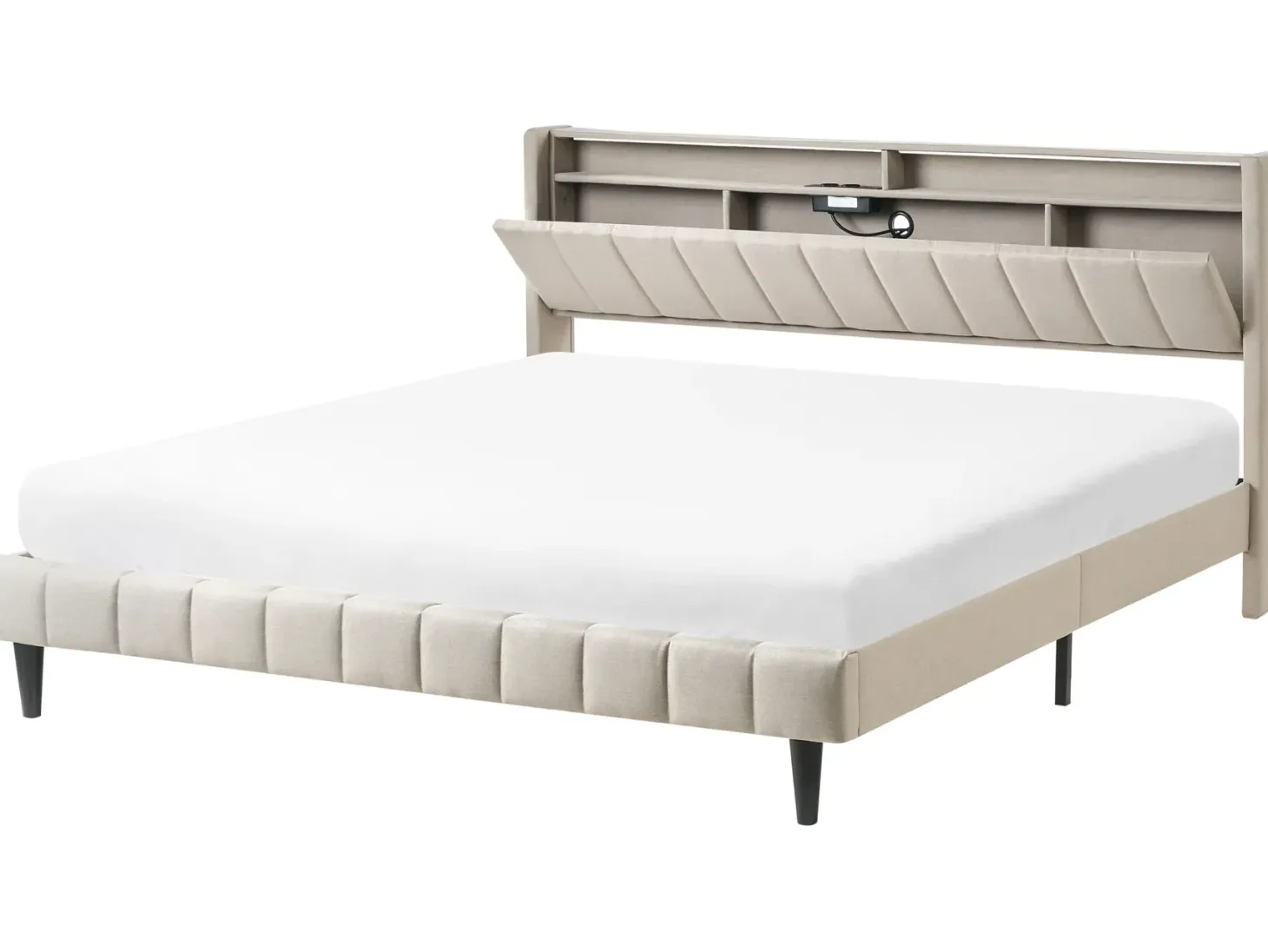 Seng med LED BEAULIEU 180 x 200 cm med opbevaring med USB-port Beige
