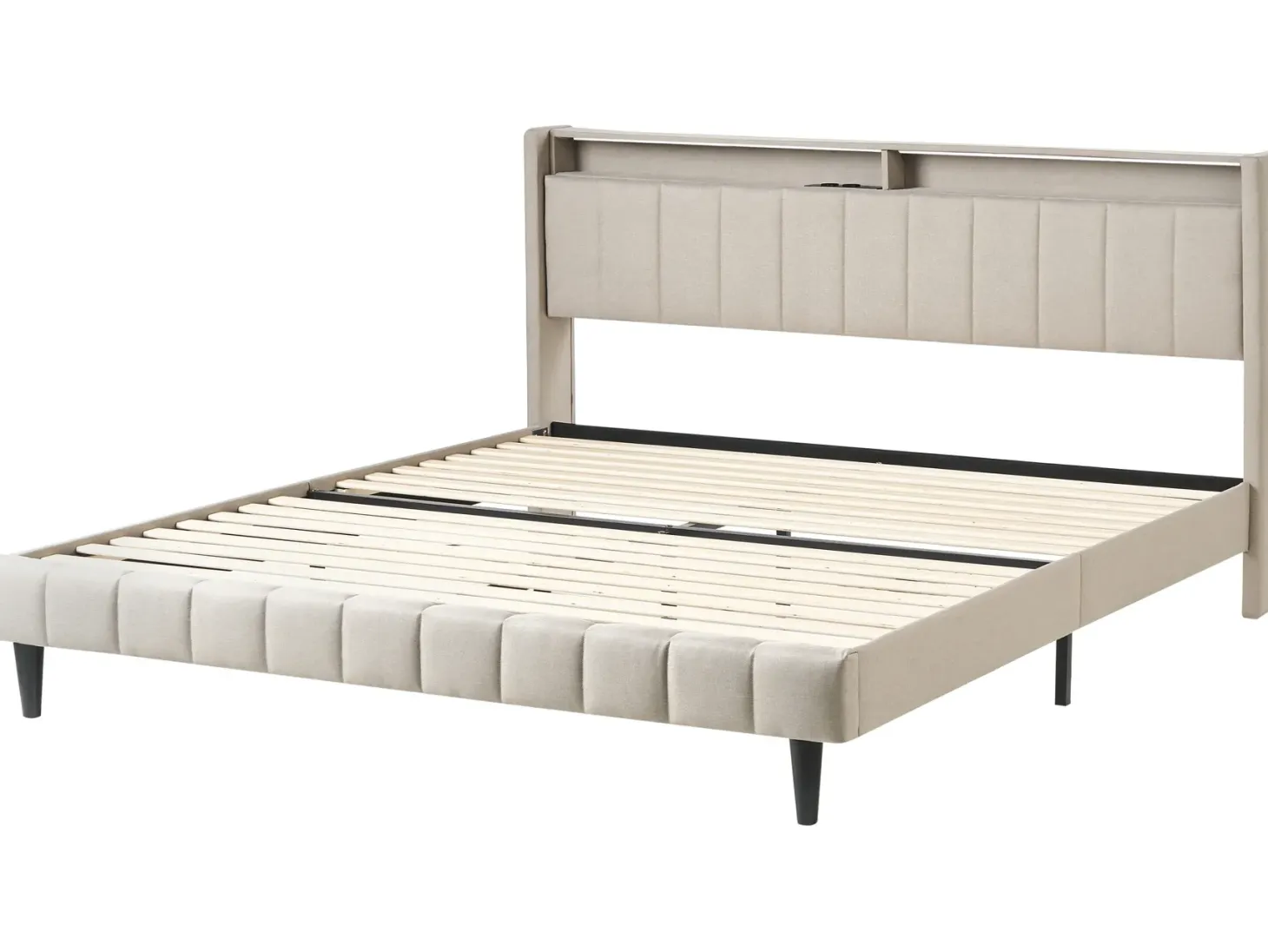 Seng med LED BEAULIEU 180 x 200 cm med opbevaring med USB-port Beige