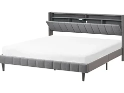 Seng med LED BEAULIEU 180 x 200 cm med opbevaring med USB-port Mørkegrå