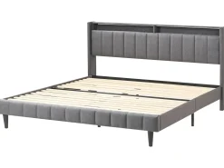 Seng med LED BEAULIEU 180 x 200 cm med opbevaring med USB-port Mørkegrå