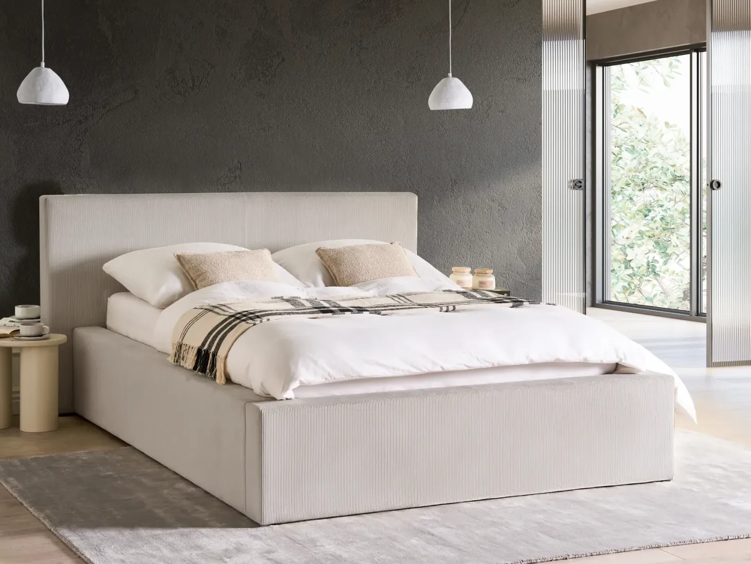 Seng med opbevaring LILLEBONNE Fløjl Lys Beige 140 x 200 cm