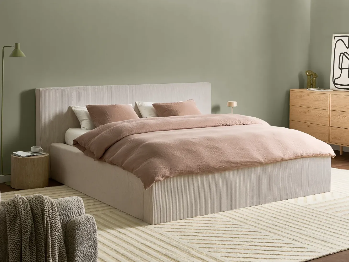 Seng med opbevaring LILLEBONNE Fløjl Lys Beige 180 x 200 cm