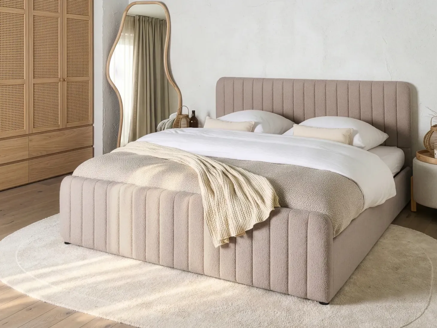 Seng med opbevaring LUNAN Boucle Beige 180 x 200 cm