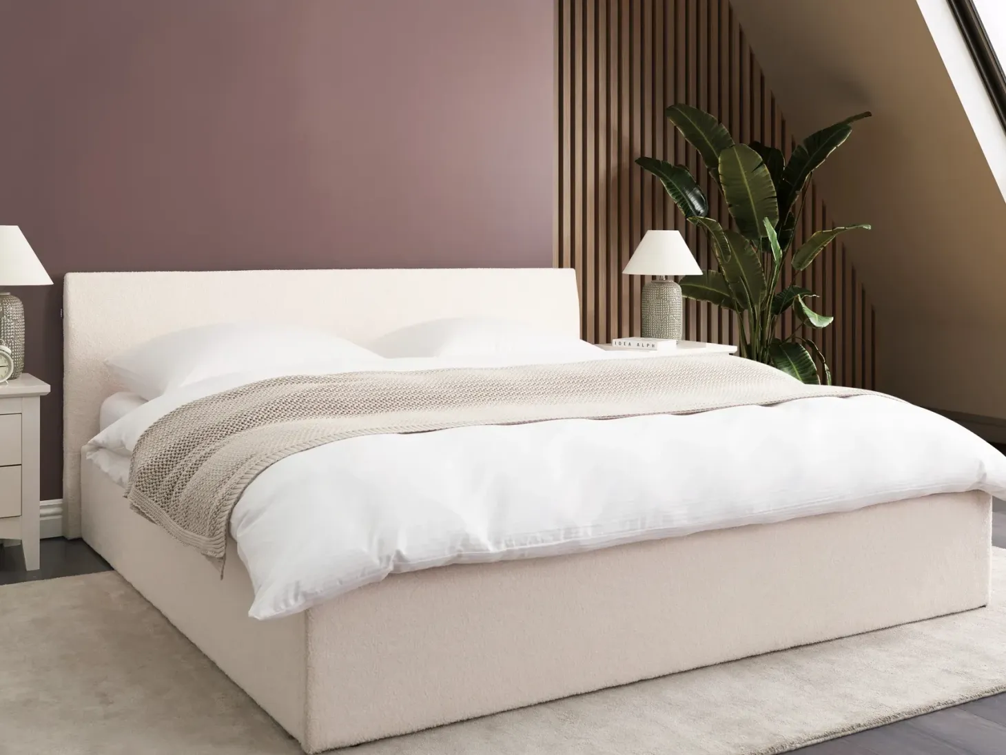 Seng med opbevaring ORBEY Boucle Cremehvid 180 x 200 cm