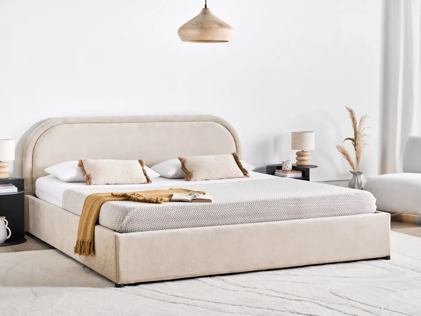 Seng med opbevaring QUILLIEN Chenille Lys Beige 180 x 200 cm