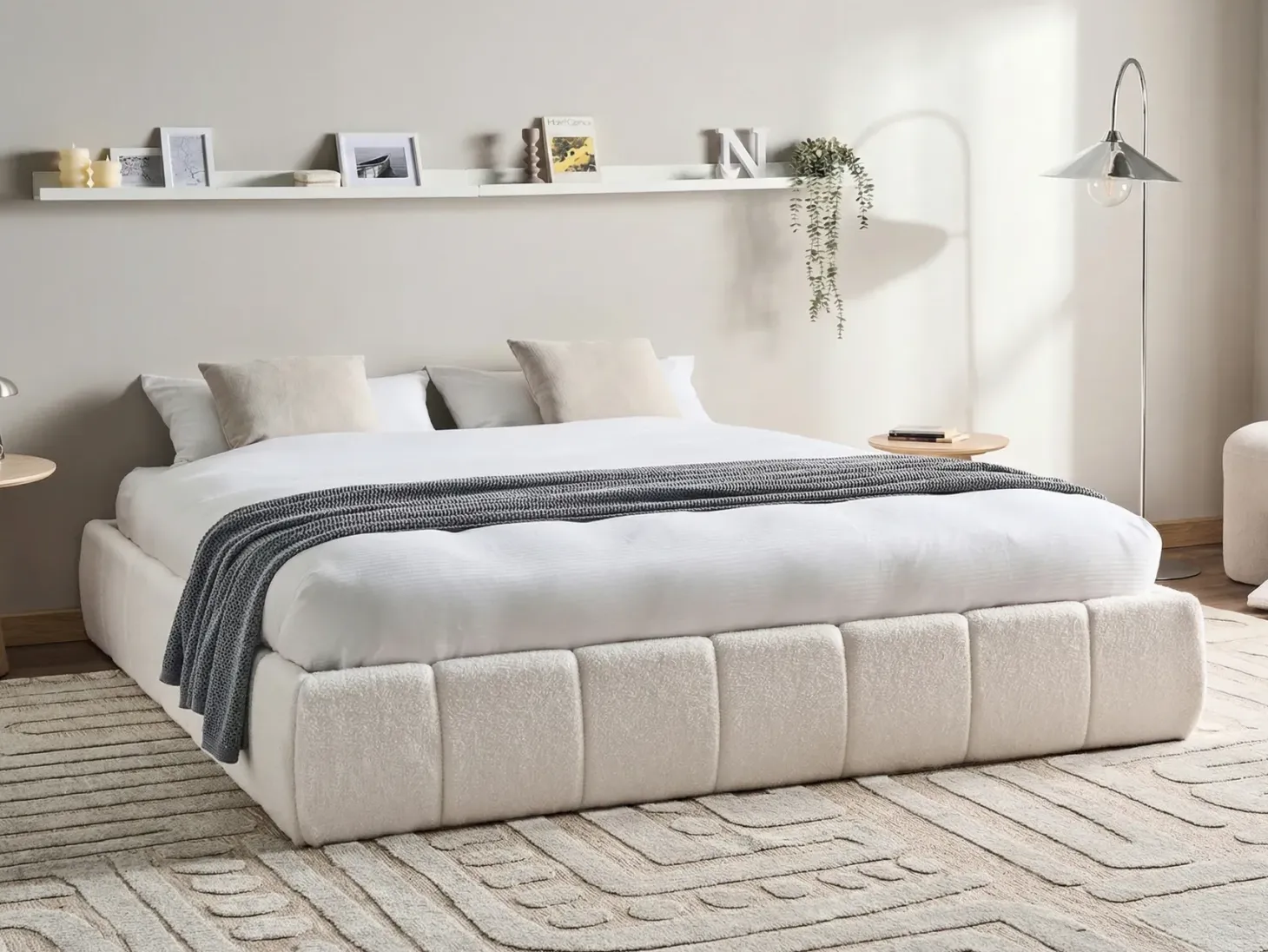 Seng med opbevaring uden gavl GENAS Boucle Cremehvid 180 x 200 cm