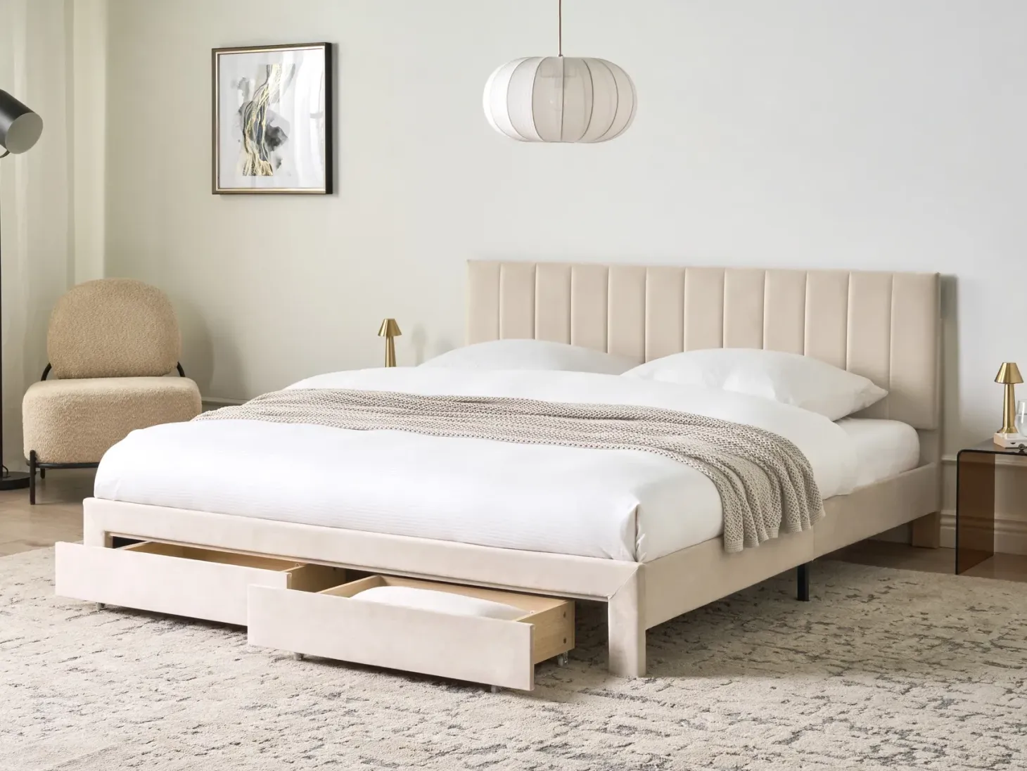 Seng med skuffer til opbevaring LONZAC Velour Beige 180 x 200 cm