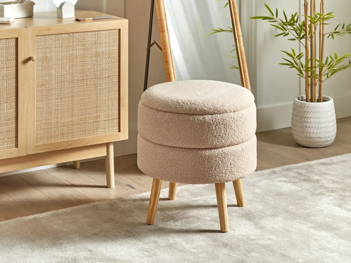Skammel med opbevaring OKATON Boucle Beige